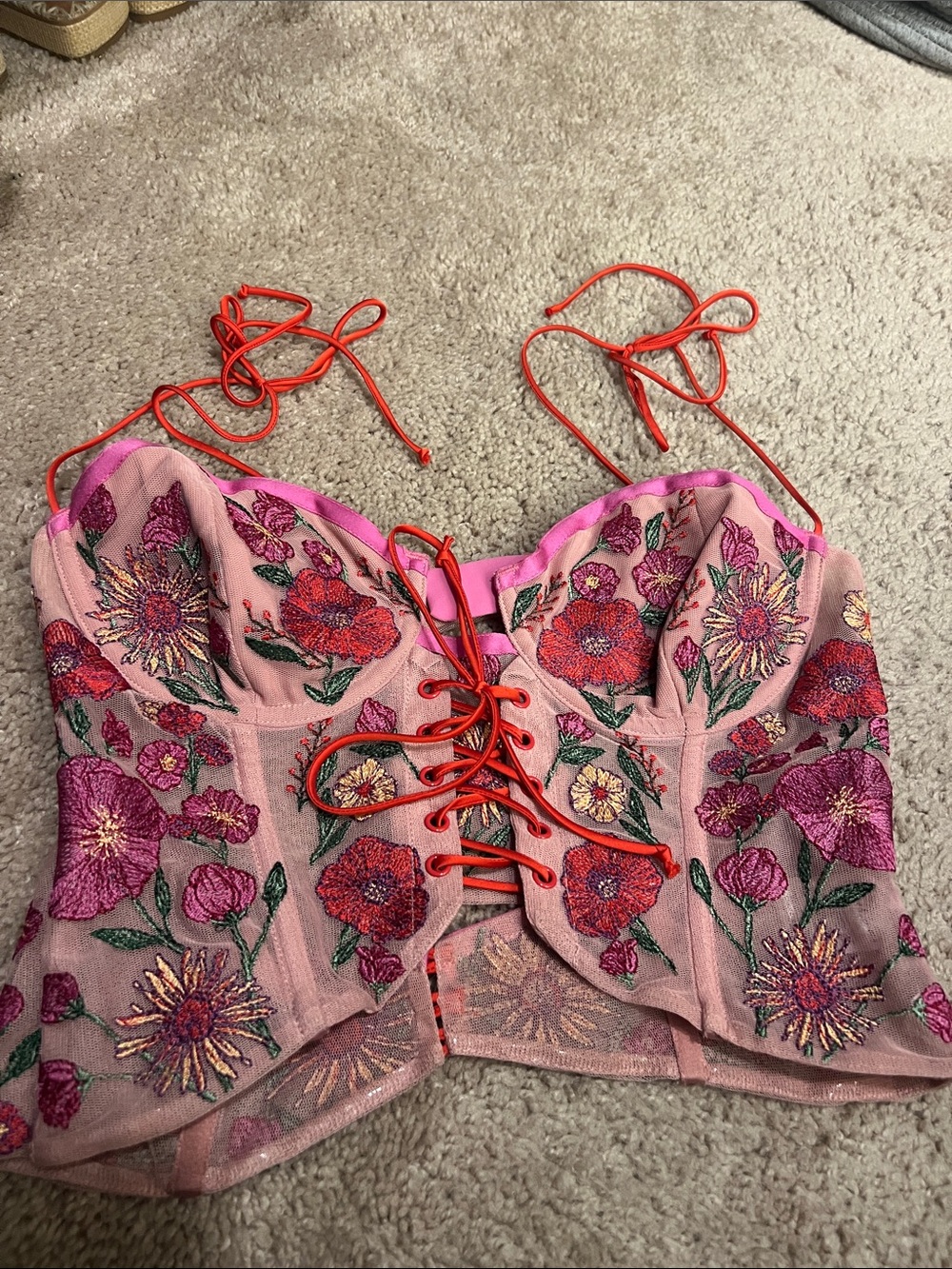 For Love and Lemons Pink Embroidered Bustier with Red Ties